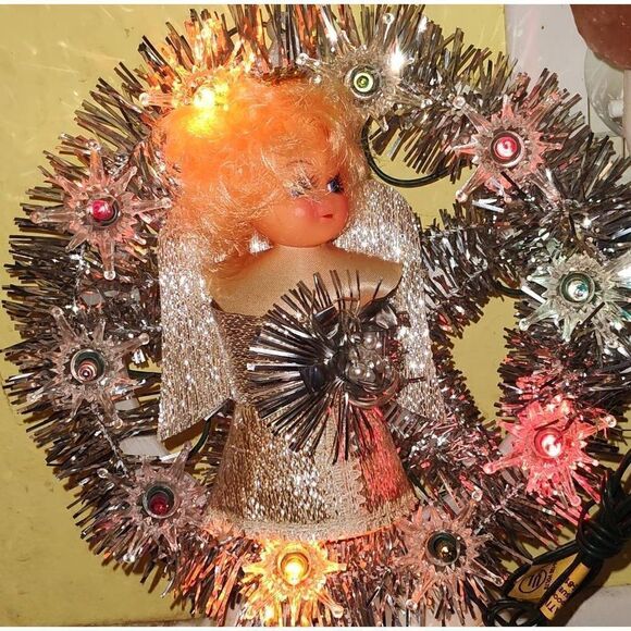 Vtg Holiday Trim Angel Wreath Tree Topper Flashing Lights Silver Garland Christm - Picture 2 of 6